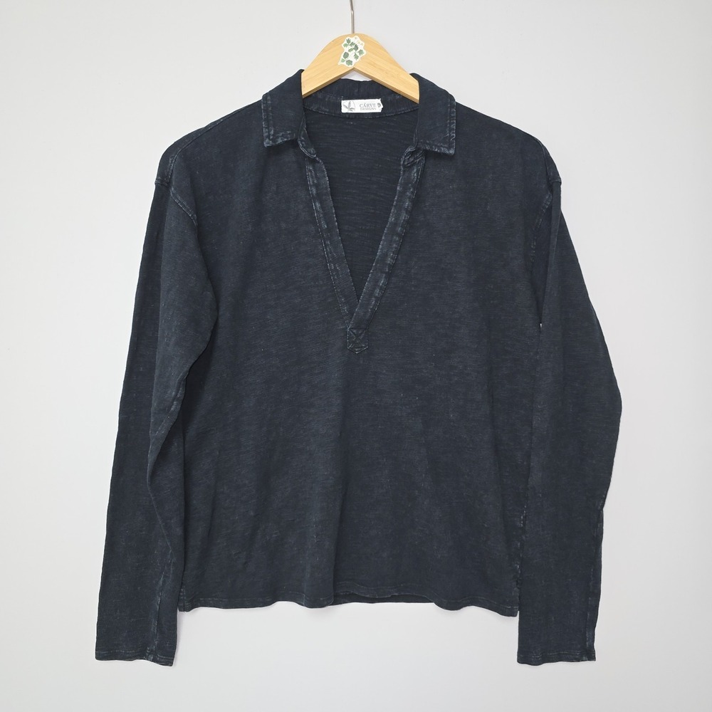 Carve Designs Mara Polo Top Shirt Slub Knit Size L Navy Organic Cotton Womens - Picture 3 of 9